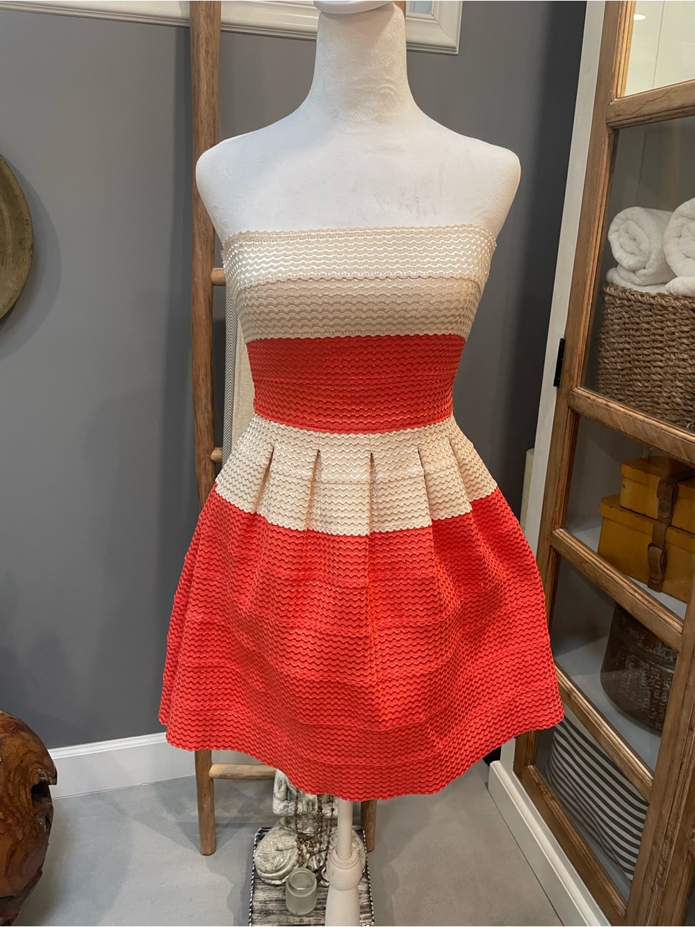 Strapless orange and Cream Textured Fit-and-Flare Dress